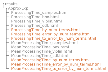 salt
{
{T
 + <color:gray>results
 ++ <color:gray>ApproxExp
 +++ <color:gray>ProcessingTime_samples.html
 +++ <color:gray>ProcessingTime_box.html
 +++ <color:gray>ProcessingTime_violin.html
 +++ <color:gray>ProcessingTime_cdf.html
 +++ <color:#D66D32>ProcessingTime_by_num_terms.html
 +++ <color:#D66D32>ProcessingTime_error_by_num_terms.html
 +++ <color:#D66D32>ProcessingTime_to_error_by_num_terms.html
 +++ <color:gray>MeanProcessingTime_samples.html
 +++ <color:gray>MeanProcessingTime_box.html
 +++ <color:gray>MeanProcessingTime_violin.html
 +++ <color:gray>MeanProcessingTime_cdf.html
 +++ <color:#D66D32>MeanProcessingTime_by_num_terms.html
 +++ <color:#D66D32>MeanProcessingTime_error_by_num_terms.html
 +++ <color:#D66D32>MeanProcessingTime_to_error_by_num_terms.html
}
}